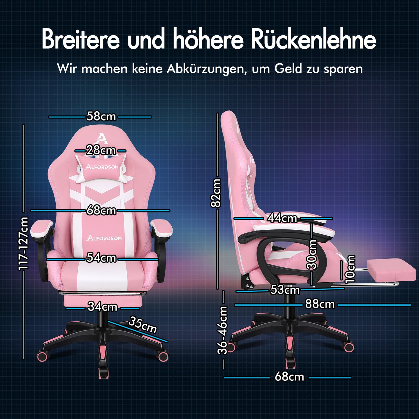 ALFORDSON Gaming Stuhl mit 8-Punkt Massage 12 Farben RGB LED-Licht Rosa & Weiß