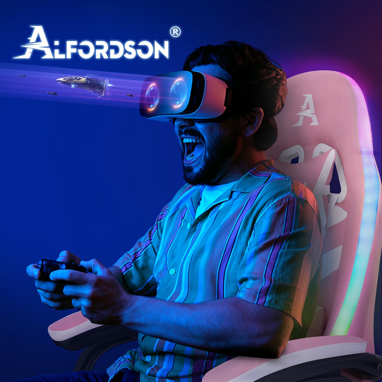 ALFORDSON Gaming Stuhl mit 8-Punkt Massage 12 Farben RGB LED-Licht Rosa & Weiß