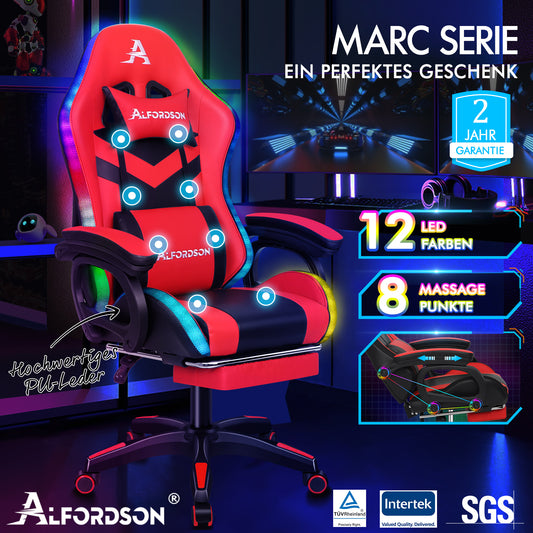 ALFORDSON Gaming Stuhl mit 8-Punkt Massage 12 Farben RGB LED-Licht Rot Schwarz