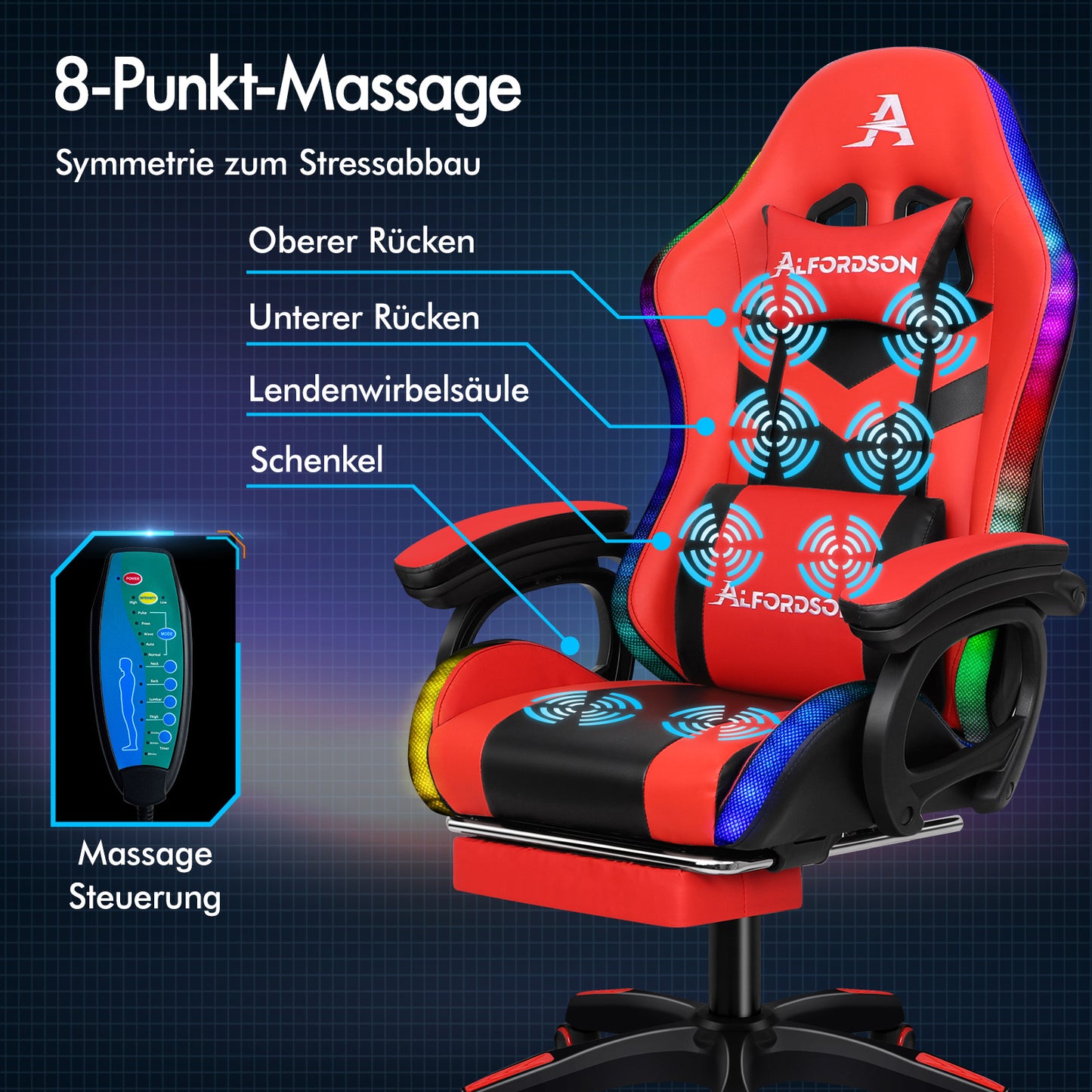 ALFORDSON Gaming Stuhl mit 8-Punkt Massage 12 Farben RGB LED-Licht Rot Schwarz