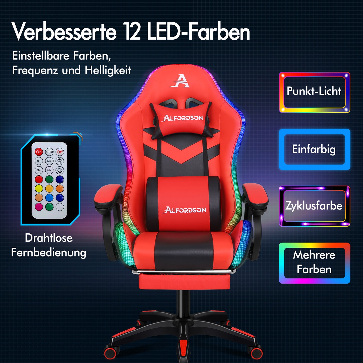 ALFORDSON Gaming Stuhl mit 8-Punkt Massage 12 Farben RGB LED-Licht Rot Schwarz