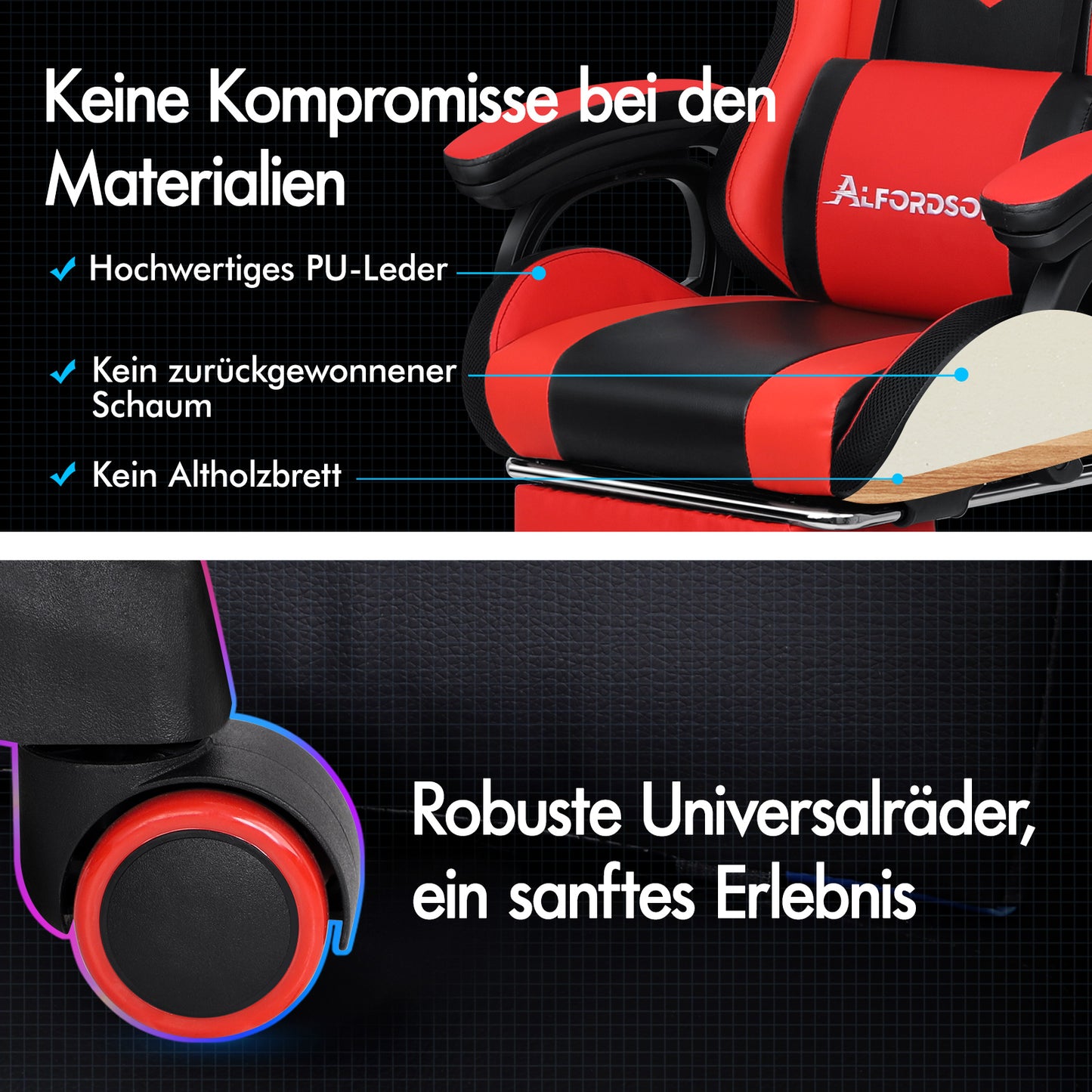 ALFORDSON Gaming Stuhl mit 8-Punkt Massage 12 Farben RGB LED-Licht Rot Schwarz