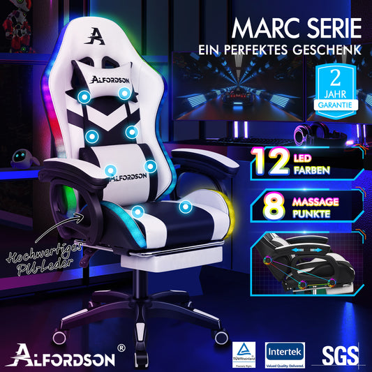 ALFORDSON Gaming Stuhl mit 8-Punkt Massage 12 Farben RGB LED-Licht Weiß & Schwarz