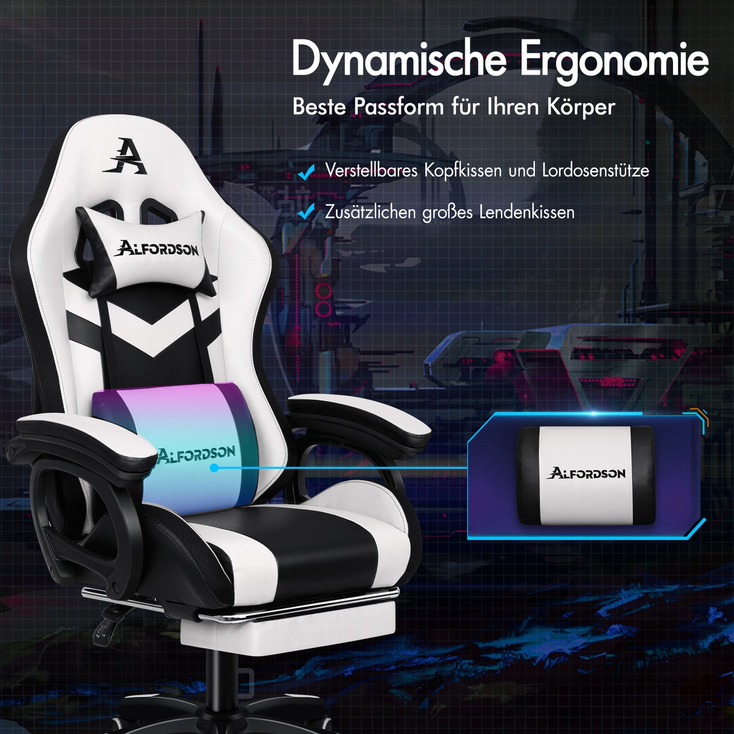 ALFORDSON Gaming Stuhl mit 8-Punkt Massage 12 Farben RGB LED-Licht Weiß & Schwarz