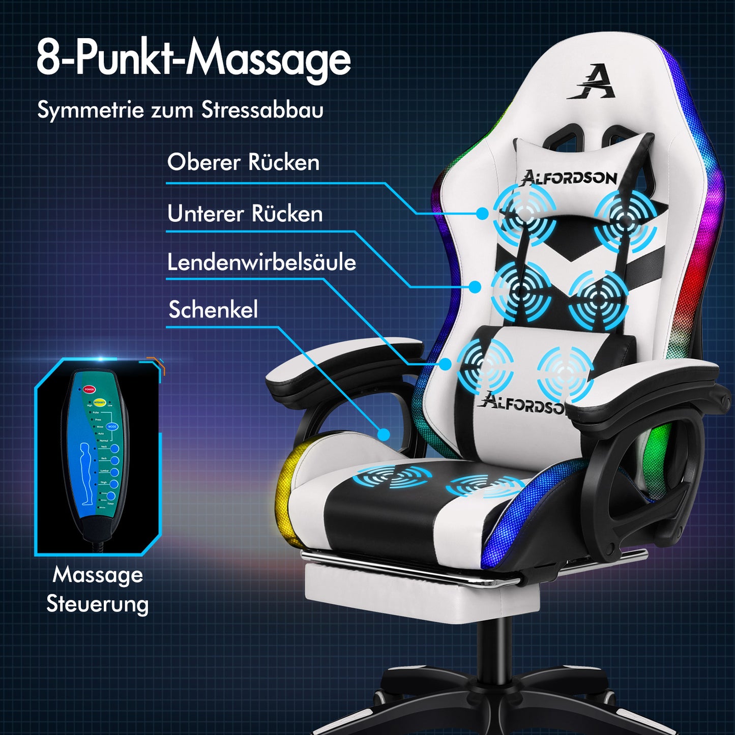 ALFORDSON Gaming Stuhl mit 8-Punkt Massage 12 Farben RGB LED-Licht Weiß & Schwarz