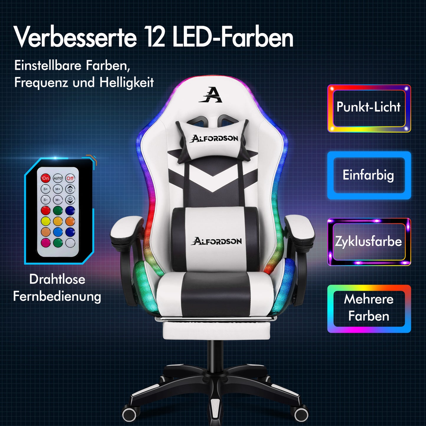 ALFORDSON Gaming Stuhl mit 8-Punkt Massage 12 Farben RGB LED-Licht Weiß & Schwarz