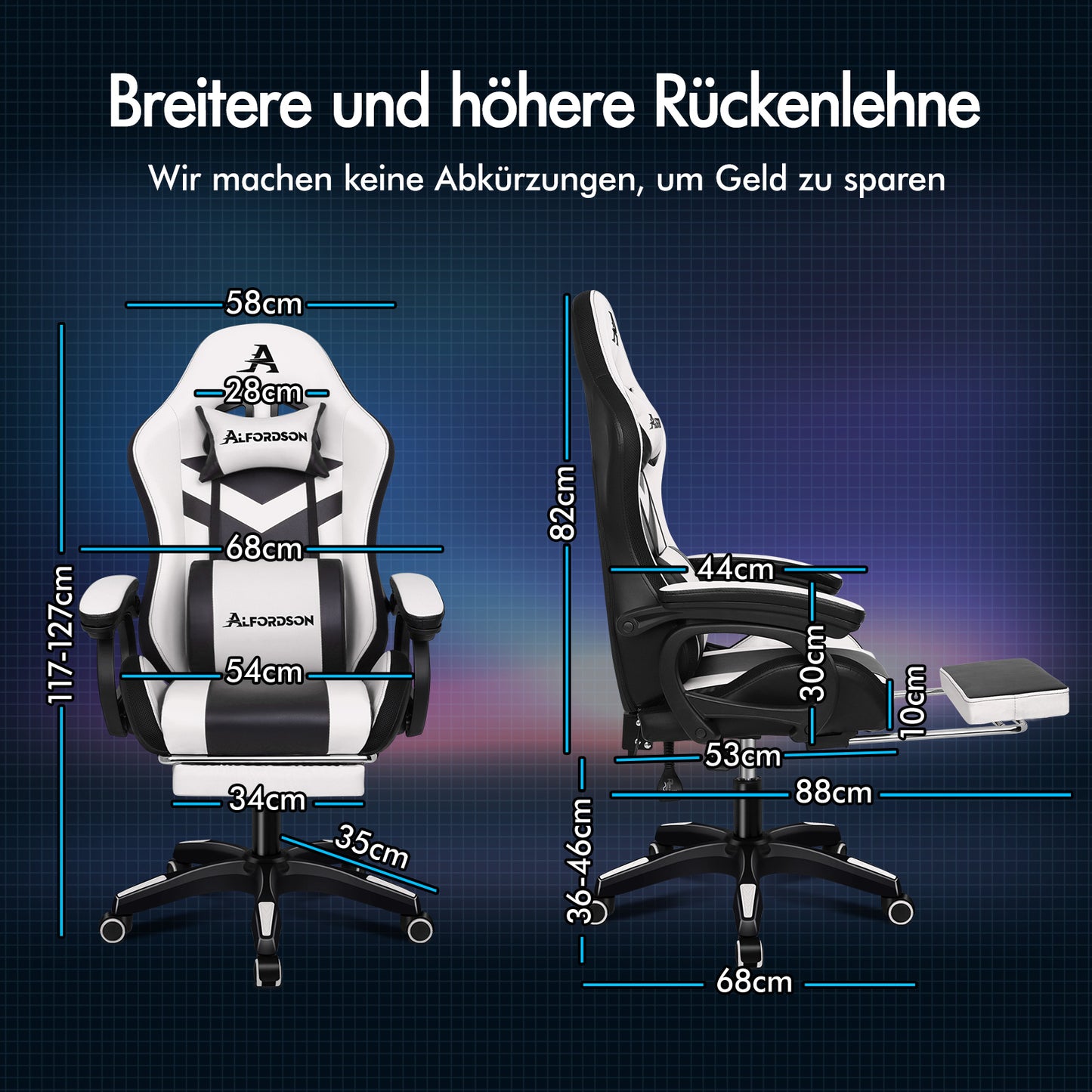 ALFORDSON Gaming Stuhl mit 8-Punkt Massage 12 Farben RGB LED-Licht Weiß & Schwarz
