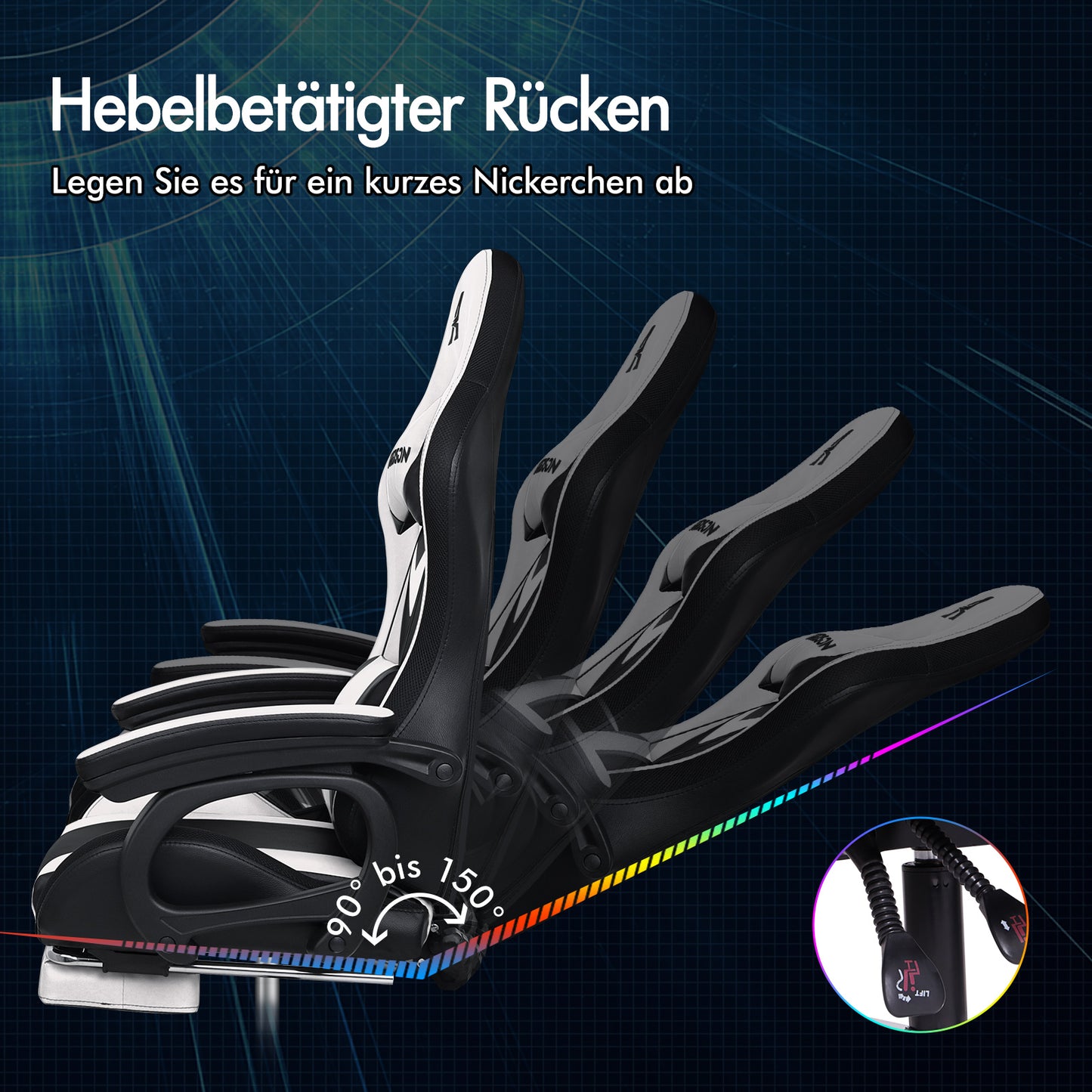 ALFORDSON Gaming Stuhl mit 8-Punkt Massage 12 Farben RGB LED-Licht Weiß & Schwarz