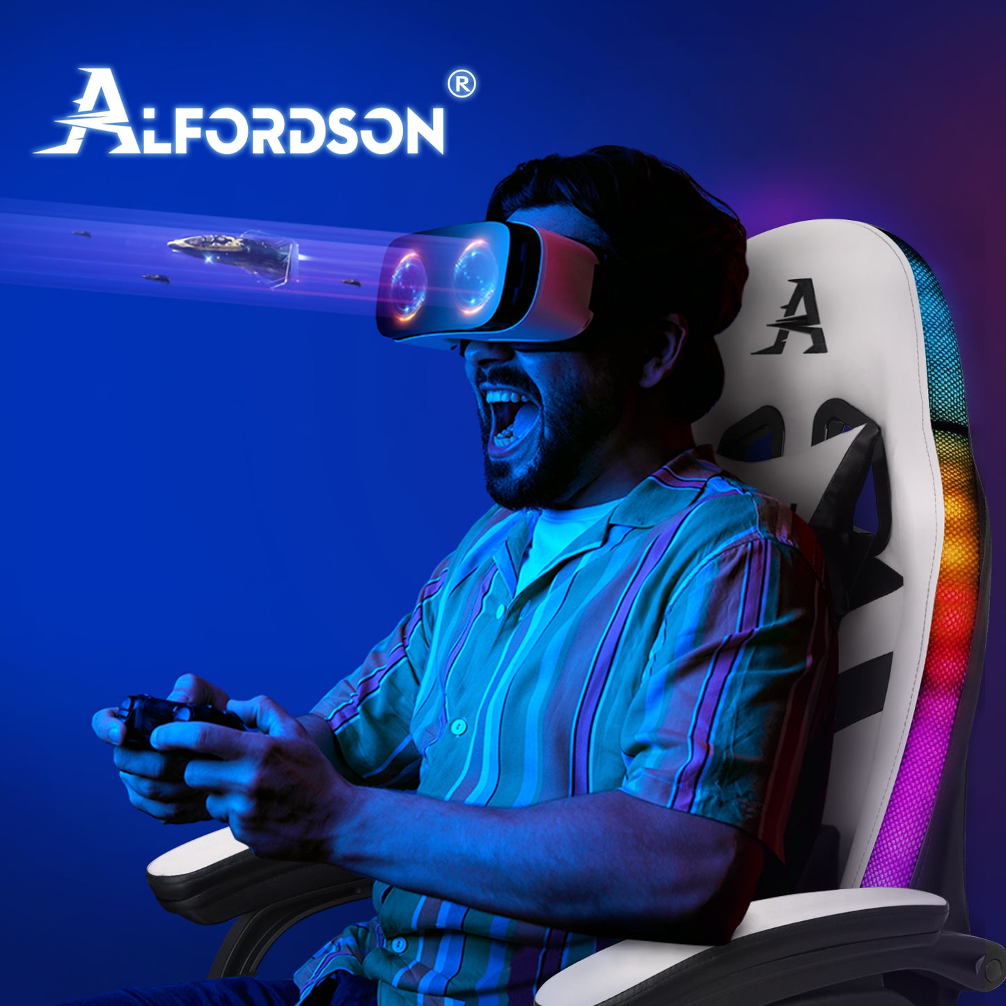 ALFORDSON Gaming Stuhl mit 8-Punkt Massage 12 Farben RGB LED-Licht Weiß & Schwarz