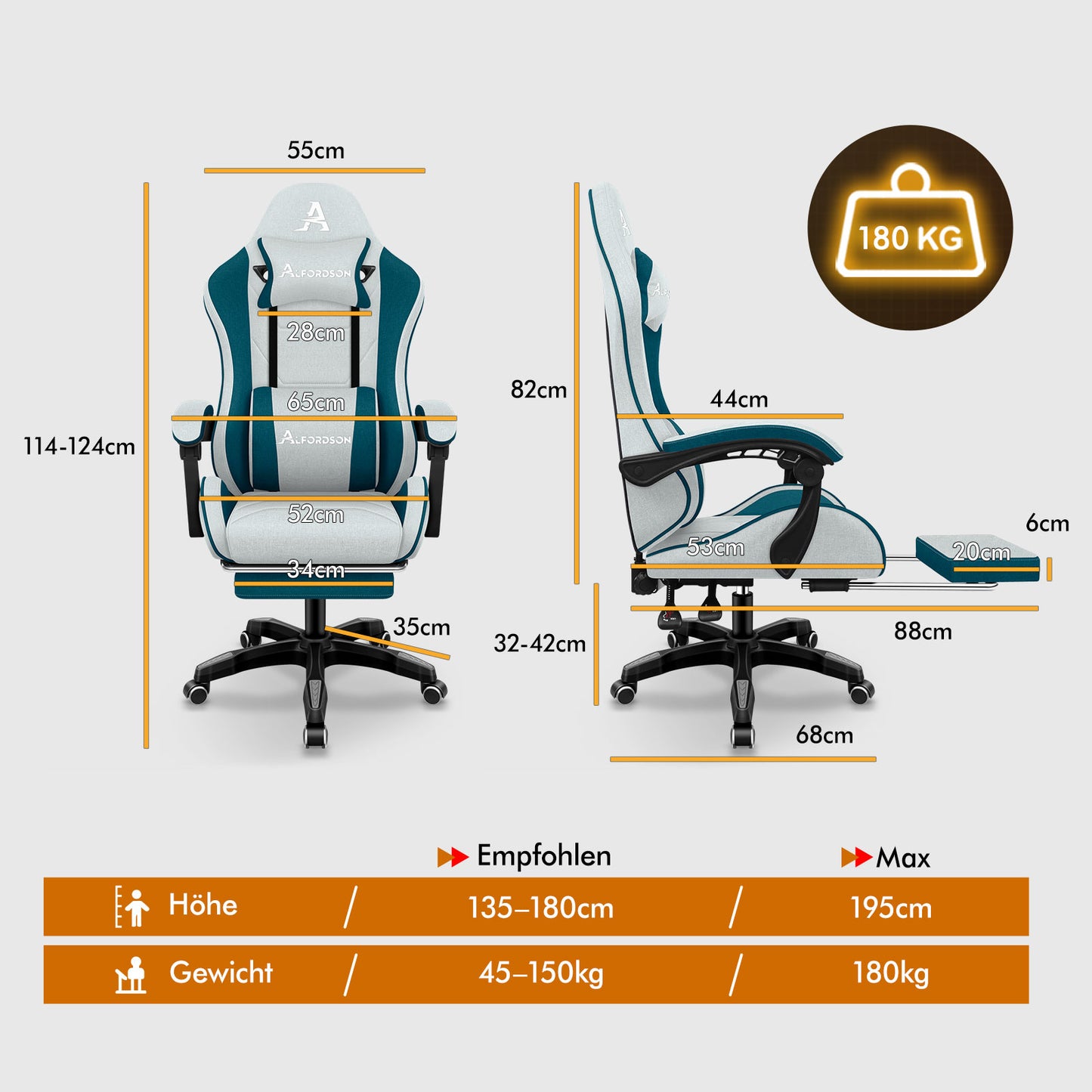 ALFORDSON Massage Bürostuhl Gaming Executive Sitz Leinenstoff Computer Racer, Kunstleder, Grau
