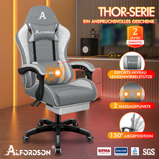 ALFORDSON Massage Bürostuhl Gaming Executive Sitz Leinenstoff Computer Racer, Kunstleder, Blau & Weiß