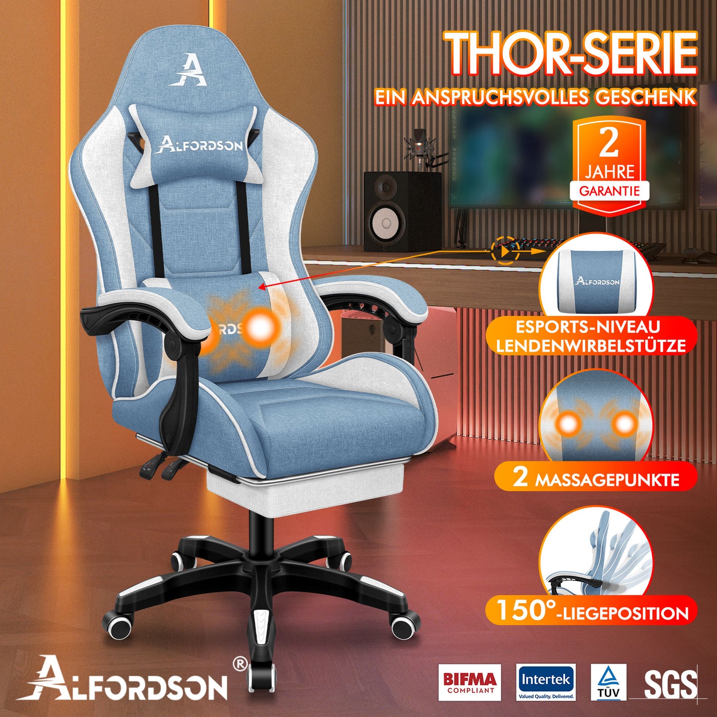 ALFORDSON Massage Bürostuhl Gaming Executive Sitz Leinenstoff Computer Racer, Kunstleder, Weiß & Blau