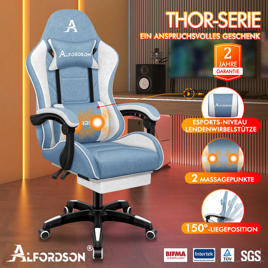 ALFORDSON Massage Bürostuhl Gaming Executive Sitz Leinenstoff Computer Racer, Kunstleder, Weiß & Blau