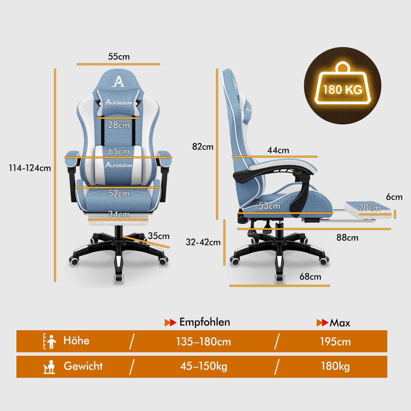 ALFORDSON Massage Bürostuhl Gaming Executive Sitz Leinenstoff Computer Racer, Kunstleder, Weiß & Blau