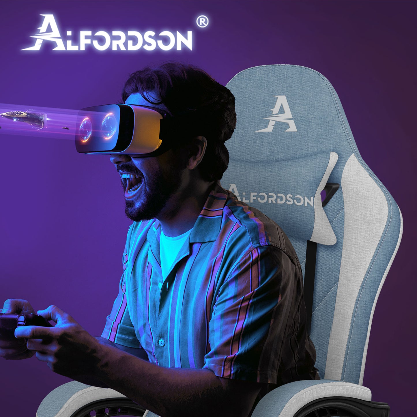 ALFORDSON Massage Bürostuhl Gaming Executive Sitz Leinenstoff Computer Racer, Kunstleder, Weiß & Blau