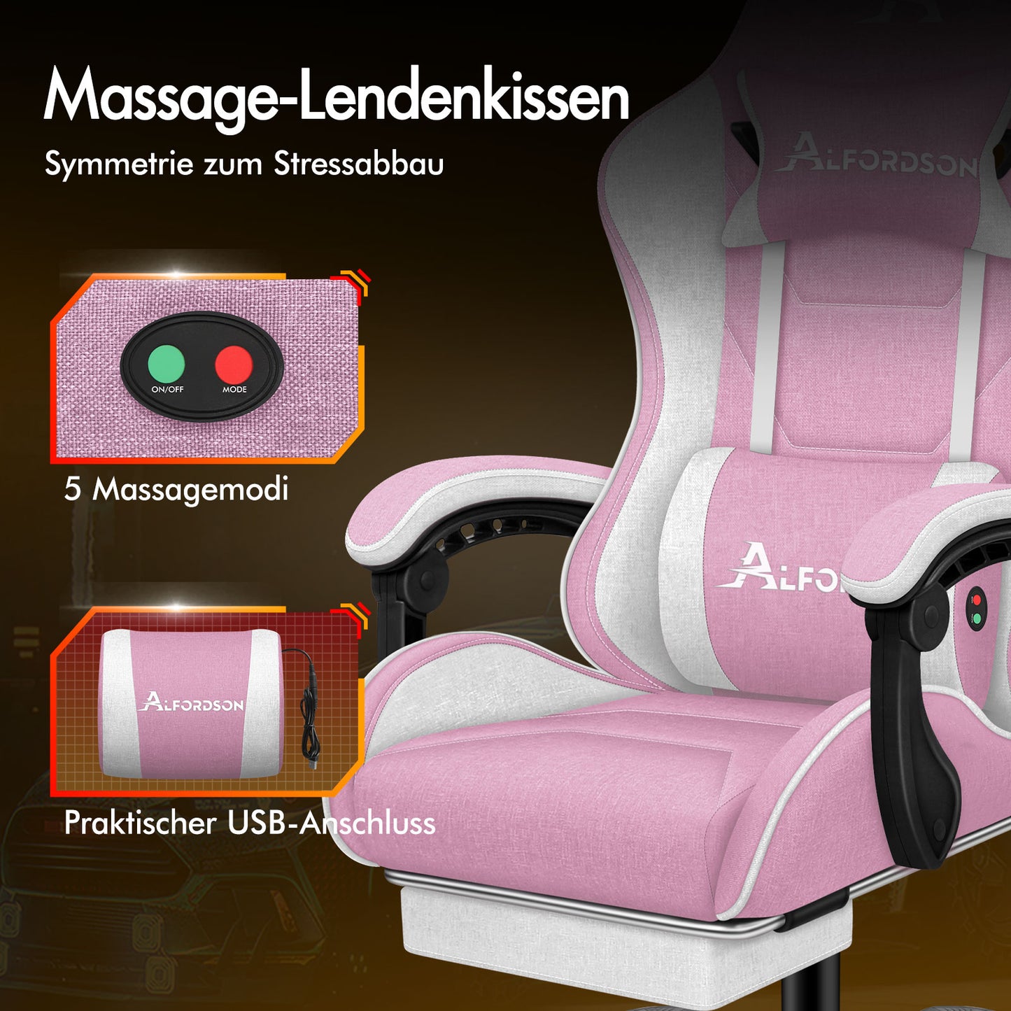 ALFORDSON Massage Bürostuhl Gaming Executive Sitz Leinenstoff Computer Racer, Kunstleder, Rosa und Weiß