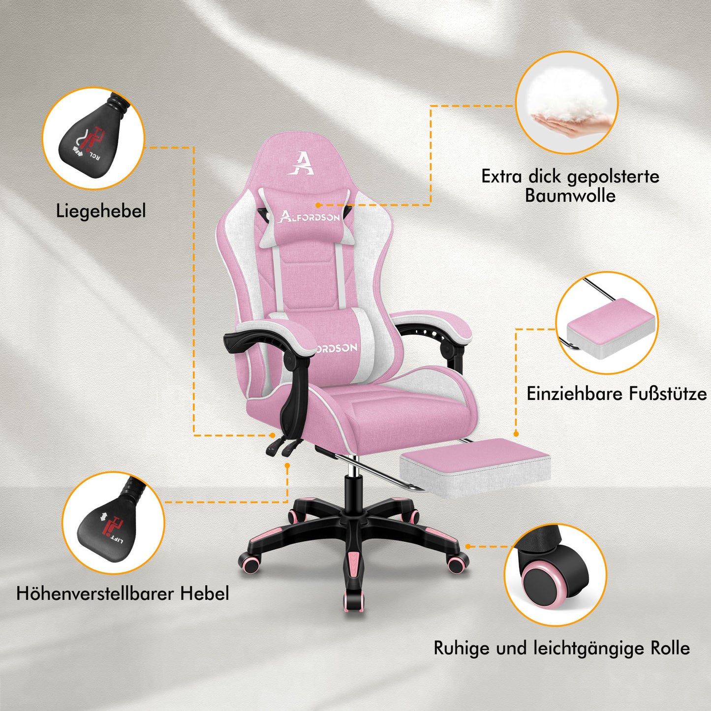 ALFORDSON Massage Bürostuhl Gaming Executive Sitz Leinenstoff Computer Racer, Kunstleder, Rosa und Weiß