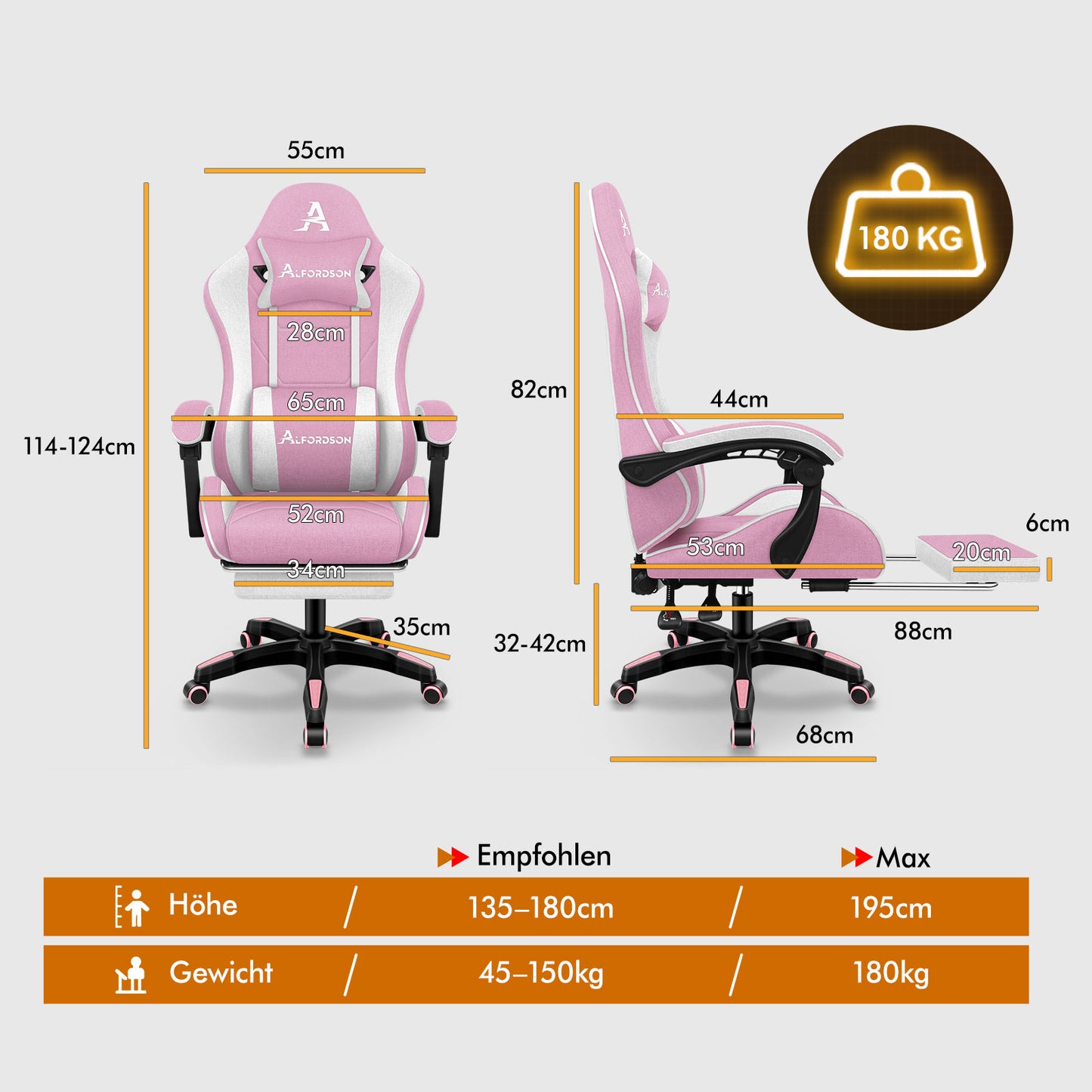 ALFORDSON Massage Bürostuhl Gaming Executive Sitz Leinenstoff Computer Racer, Kunstleder, Rosa und Weiß
