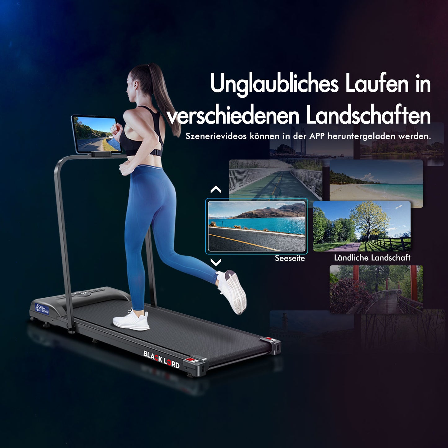 BLACK LORD Laufband Elektrisch Laufkissen Zuhause Büro Fitnessstudio Faltbar, mit Griff, Schwarz