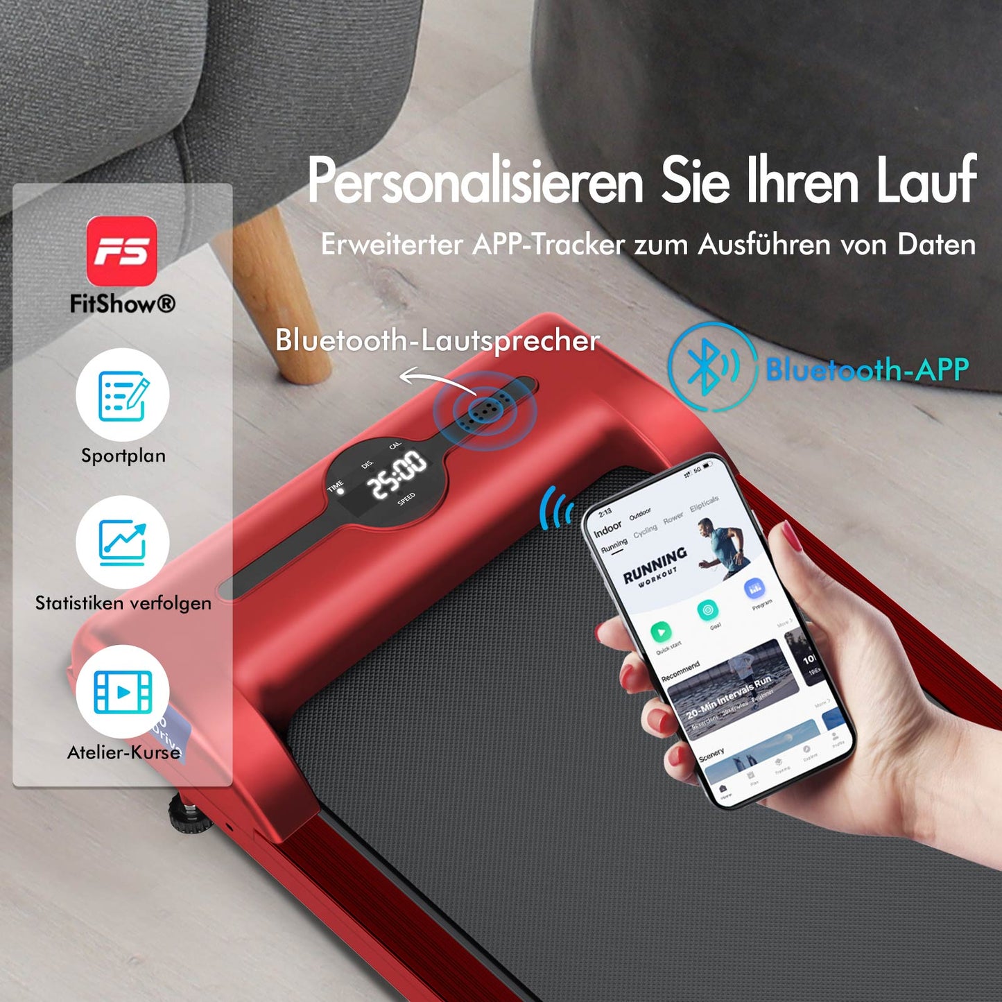 BLACK LORD Laufband Elektrisch Laufkissen Zuhause Büro Fitnessstudio Faltbar, mit Griff, Rot