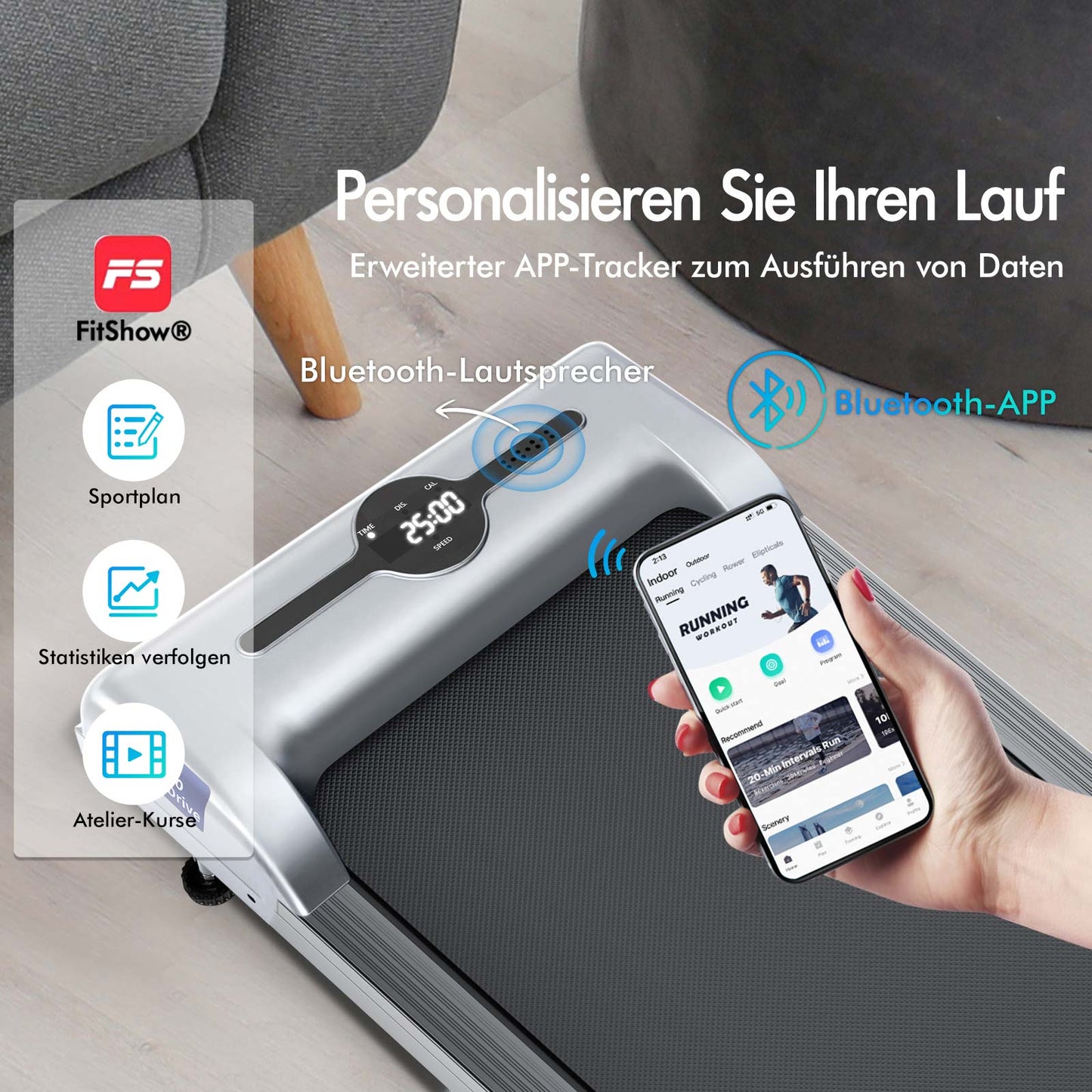 BLACK LORD Laufband Elektrisch Laufkissen Zuhause Büro Fitnessstudio Faltbar, mit Griff, Silber