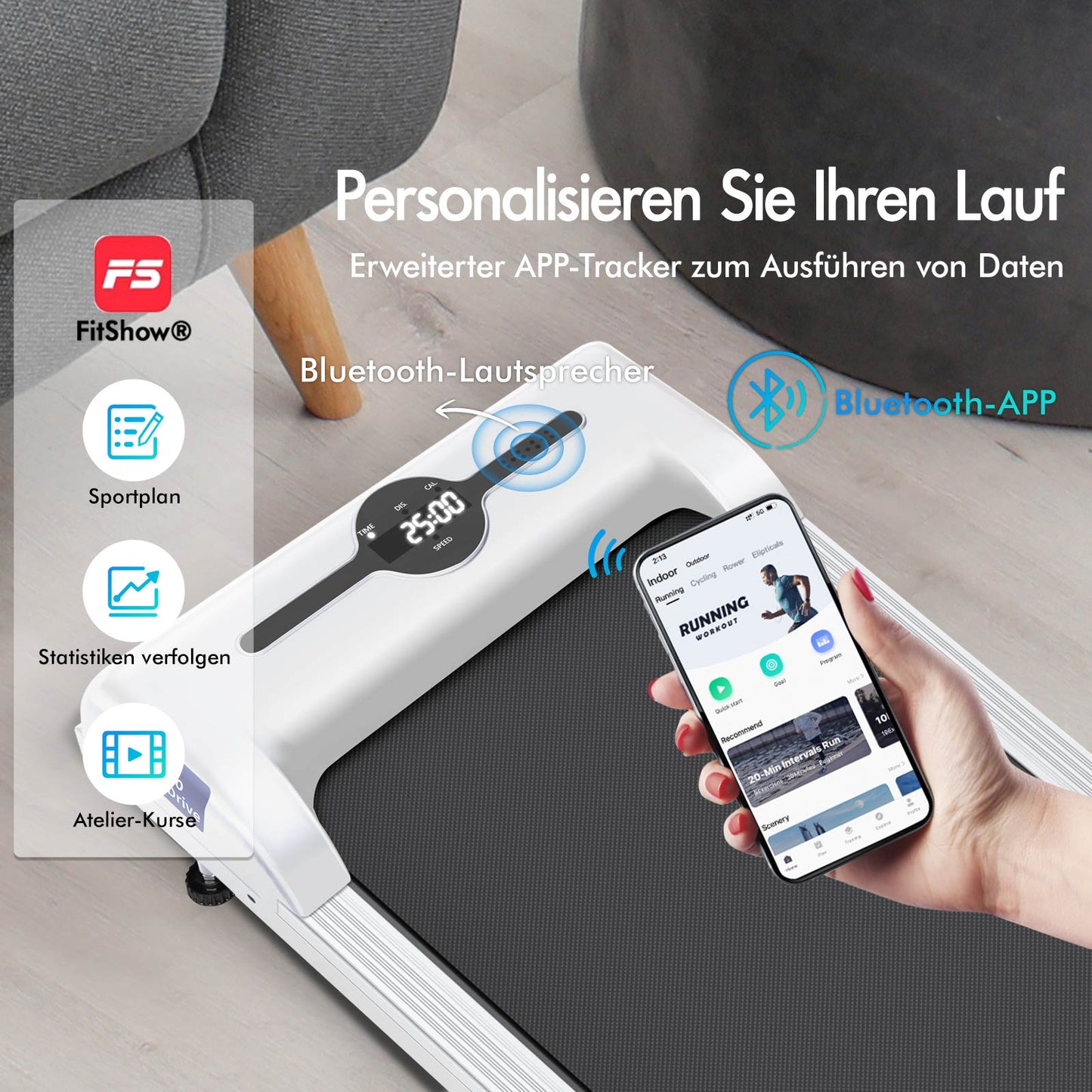 BLACK LORD Laufband Elektrisch Laufkissen Zuhause Büro Fitnessstudio Faltbar, mit Griff, Weiß