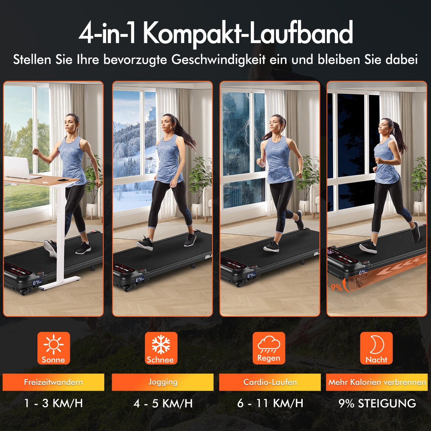 BLACK LORD Laufband Elektrisch Laufmatte  Neigung Stoßdämpfer Fitnessstudio, Schwarz