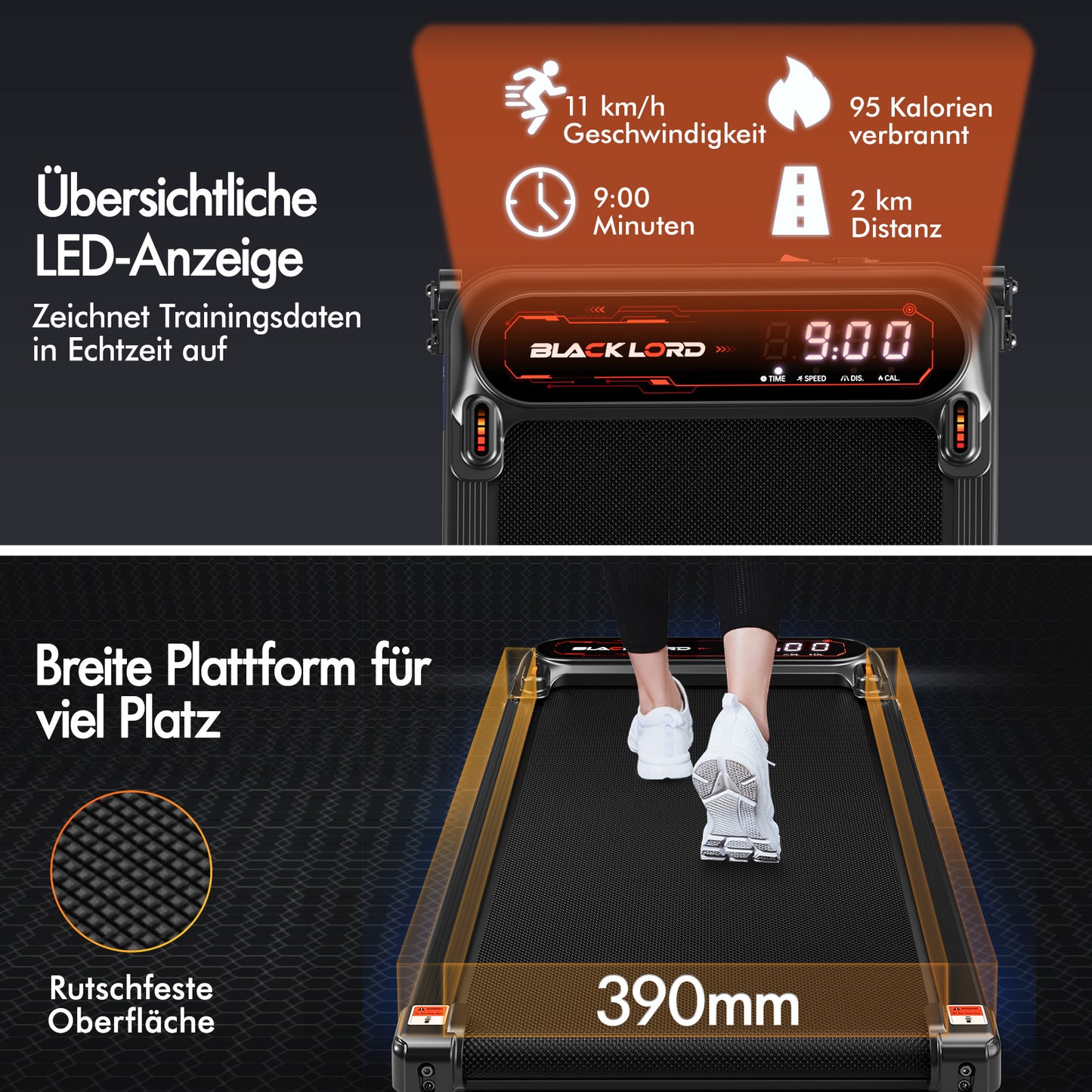 BLACK LORD Laufband Elektrisch Laufmatte  Neigung Stoßdämpfer Fitnessstudio, Schwarz