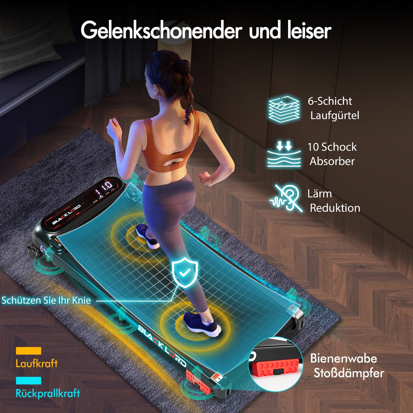 BLACK LORD Laufband Elektrisch Laufmatte  Neigung Stoßdämpfer Fitnessstudio, Schwarz