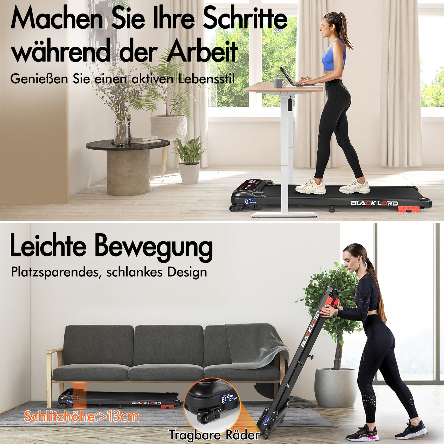 BLACK LORD Laufband Elektrisch Laufmatte  Neigung Stoßdämpfer Fitnessstudio, Schwarz