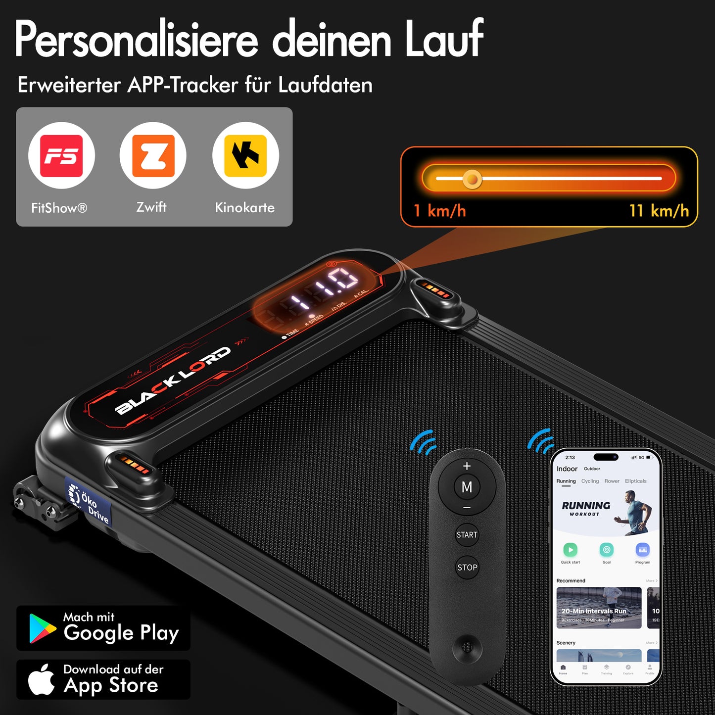 BLACK LORD Laufband Elektrisch Laufmatte  Neigung Stoßdämpfer Fitnessstudio, Schwarz