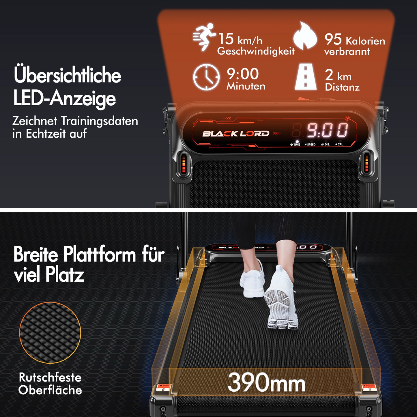 BLACK LORD Laufband Elektrisch Laufmatte  Neigung Stoßdämpfer Faltbar Schwarz