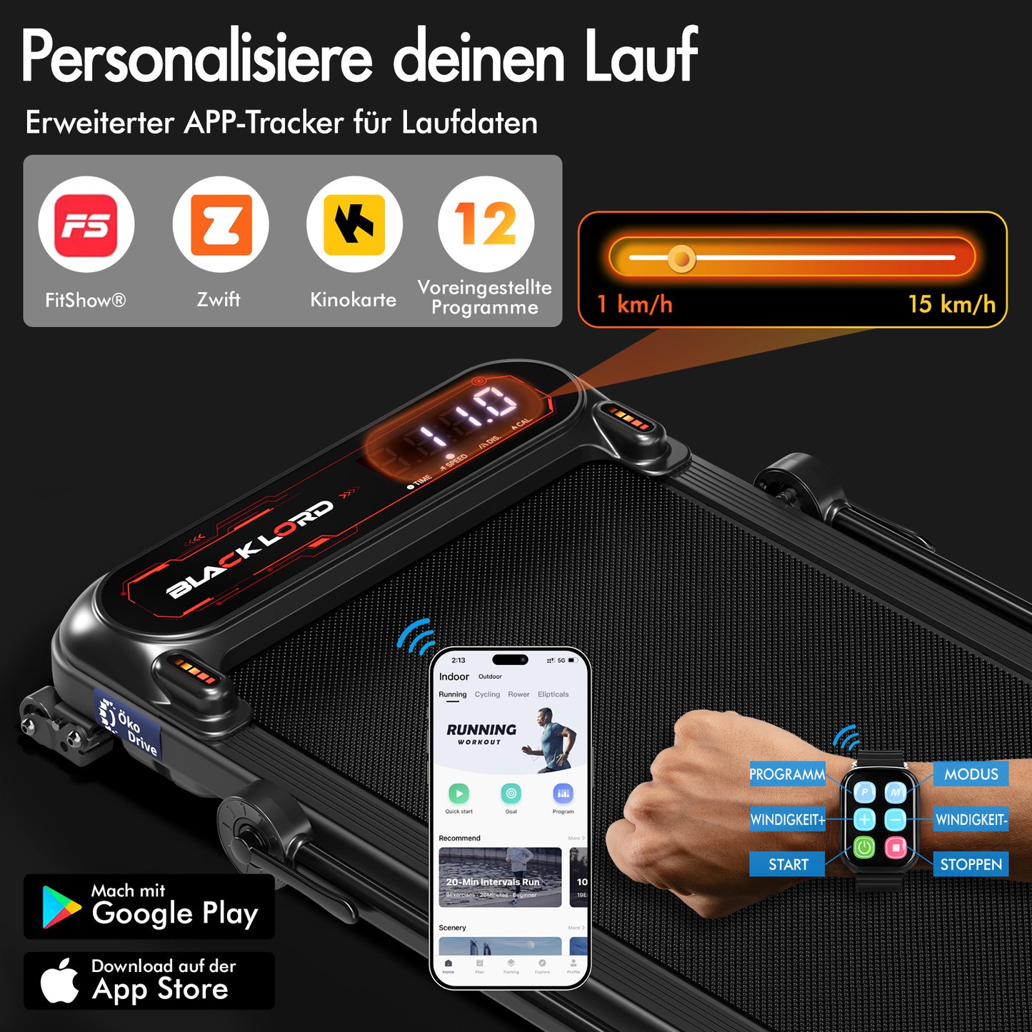 BLACK LORD Laufband Elektrisch Laufmatte  Neigung Stoßdämpfer Faltbar Schwarz
