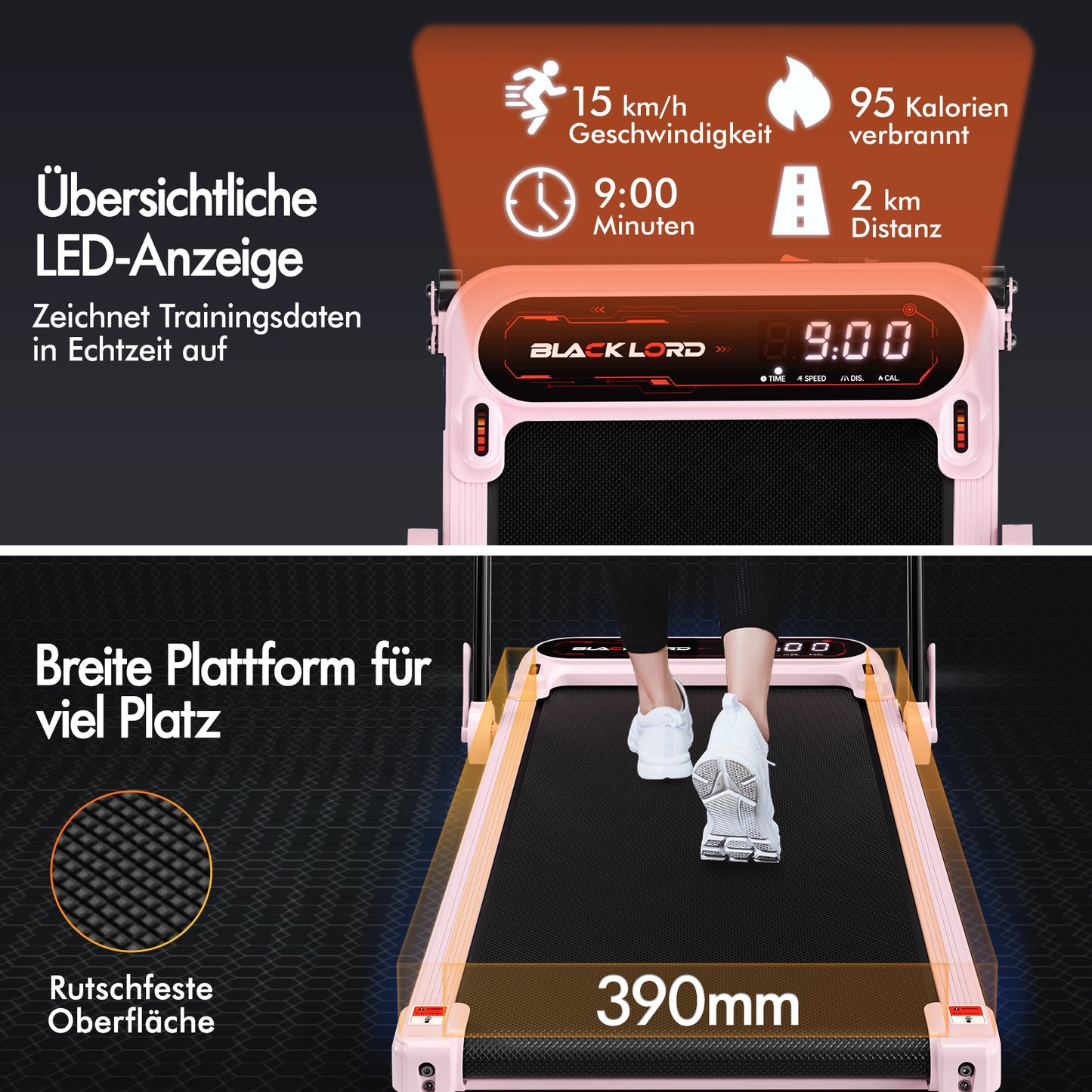 BLACK LORD Laufband Elektrisch Laufmatte  Neigung Stoßdämpfer Faltbar Rosa