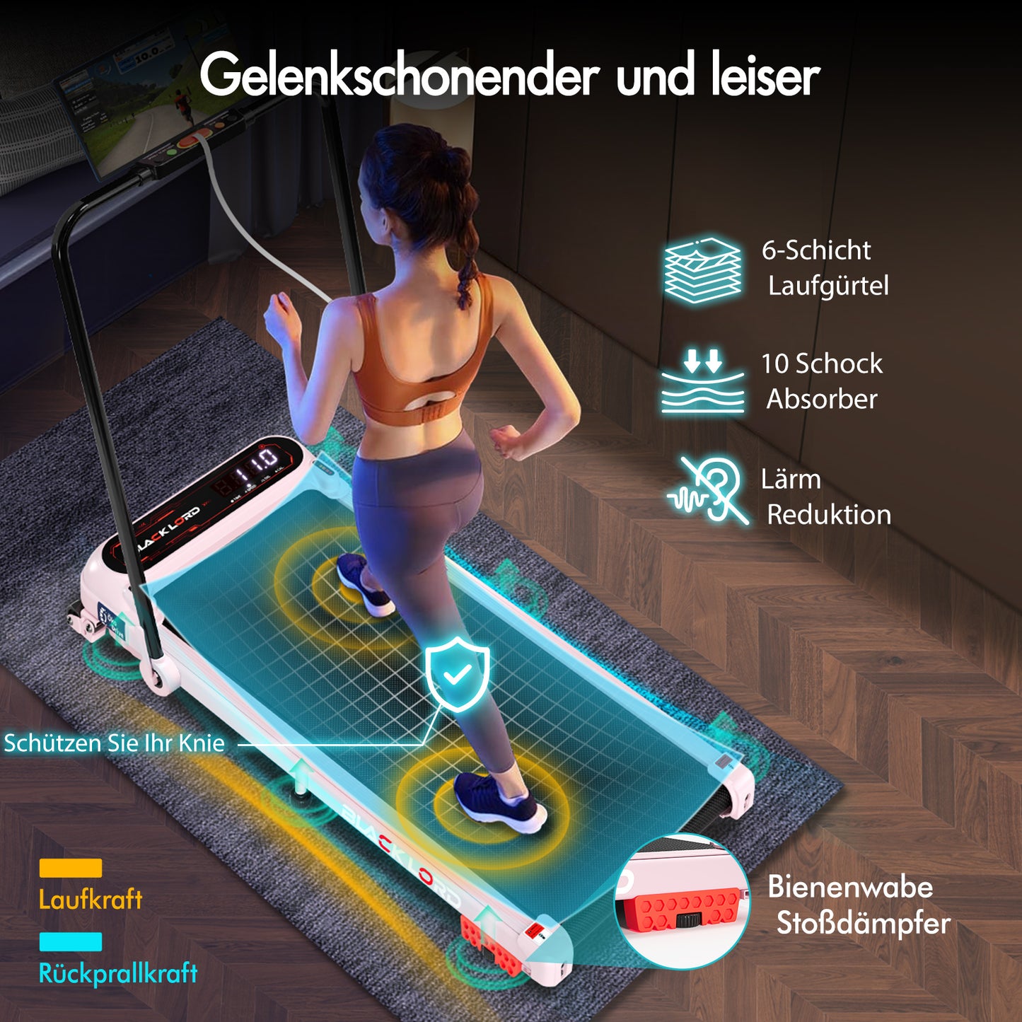 BLACK LORD Laufband Elektrisch Laufmatte  Neigung Stoßdämpfer Faltbar Rosa