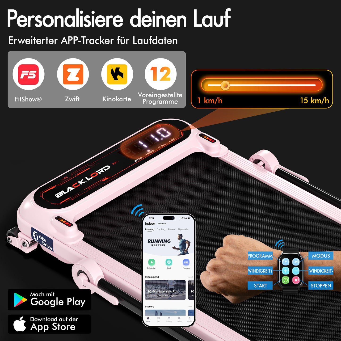 BLACK LORD Laufband Elektrisch Laufmatte  Neigung Stoßdämpfer Faltbar Rosa