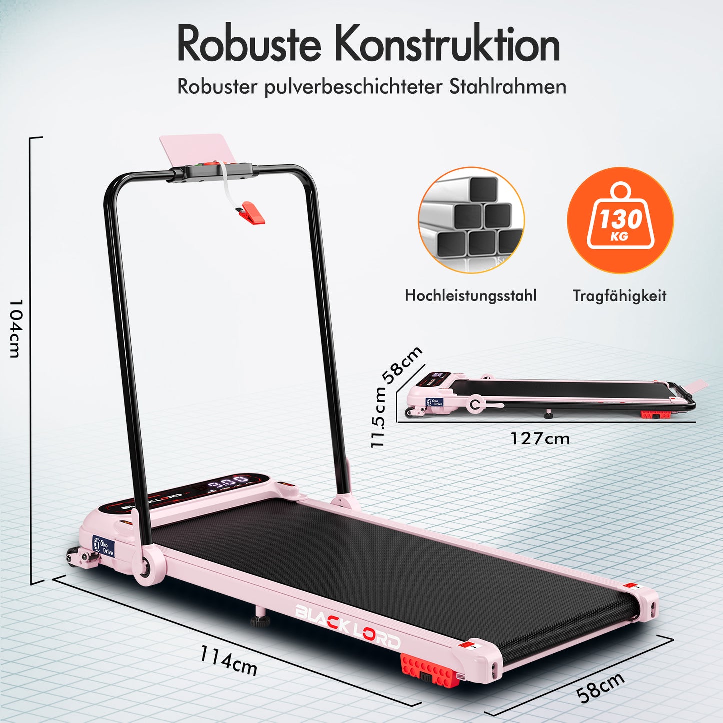 BLACK LORD Laufband Elektrisch Laufmatte  Neigung Stoßdämpfer Faltbar Rosa