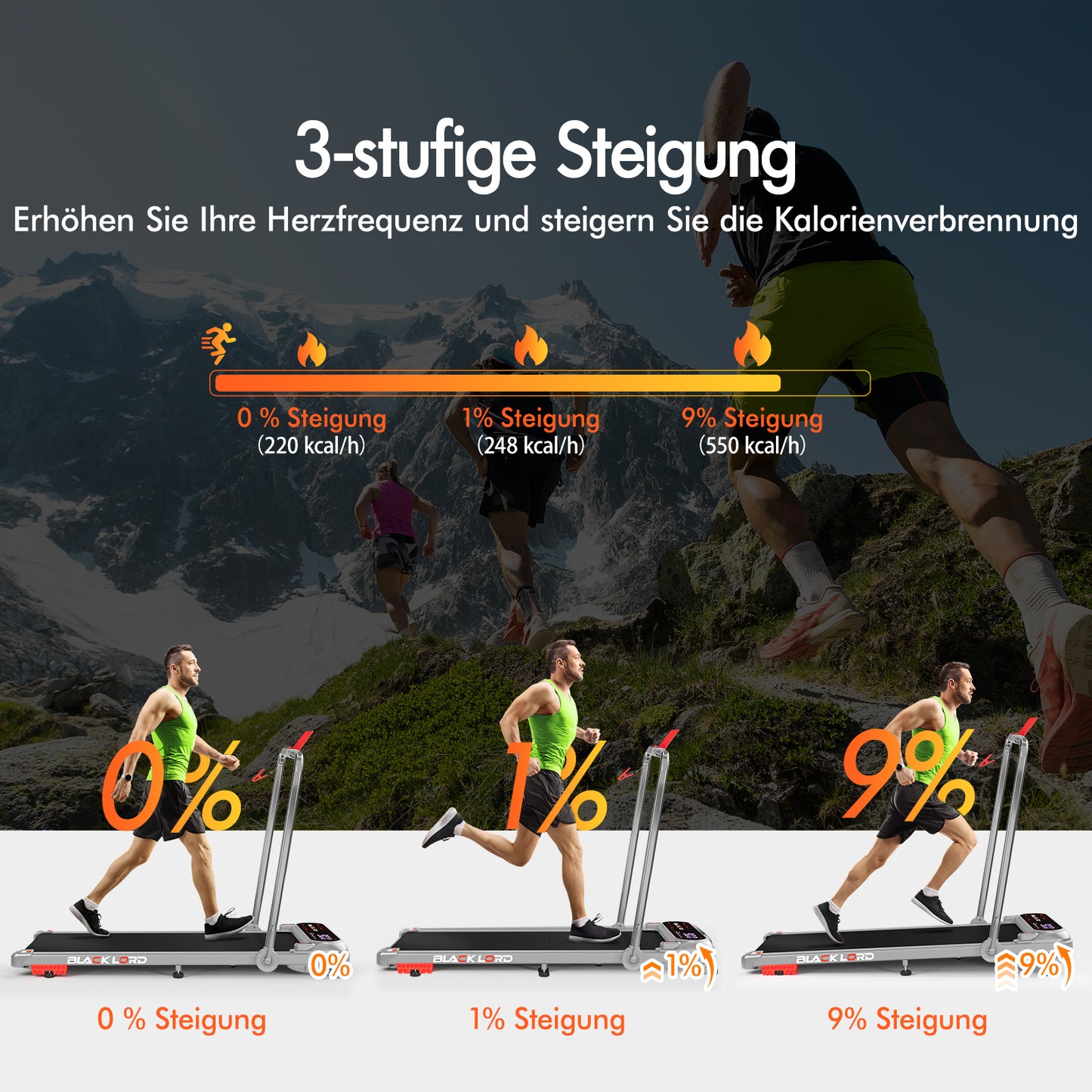 BLACK LORD Laufband Elektrisch Laufmatte  Neigung Stoßdämpfer Faltbar Silber