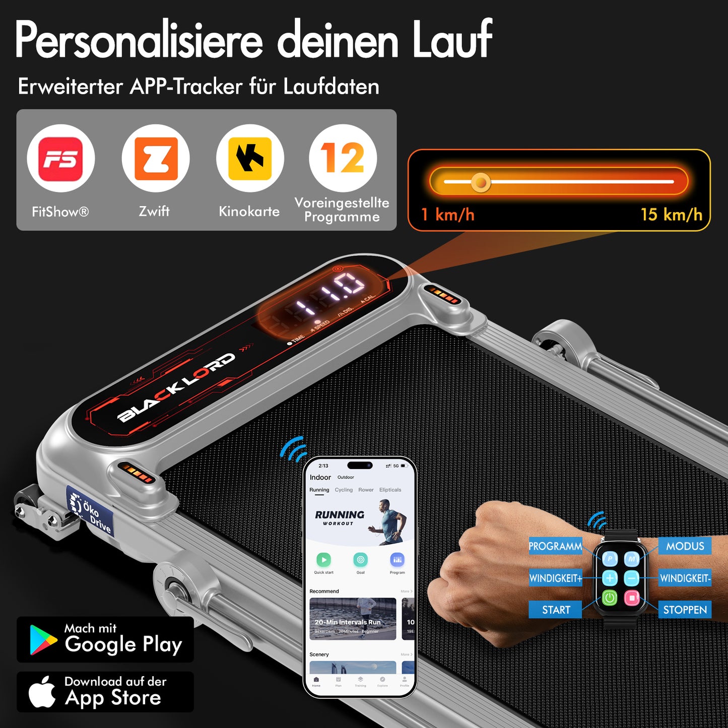 BLACK LORD Laufband Elektrisch Lauffläche Steigung Stoßdämpfer Fitnessstudio