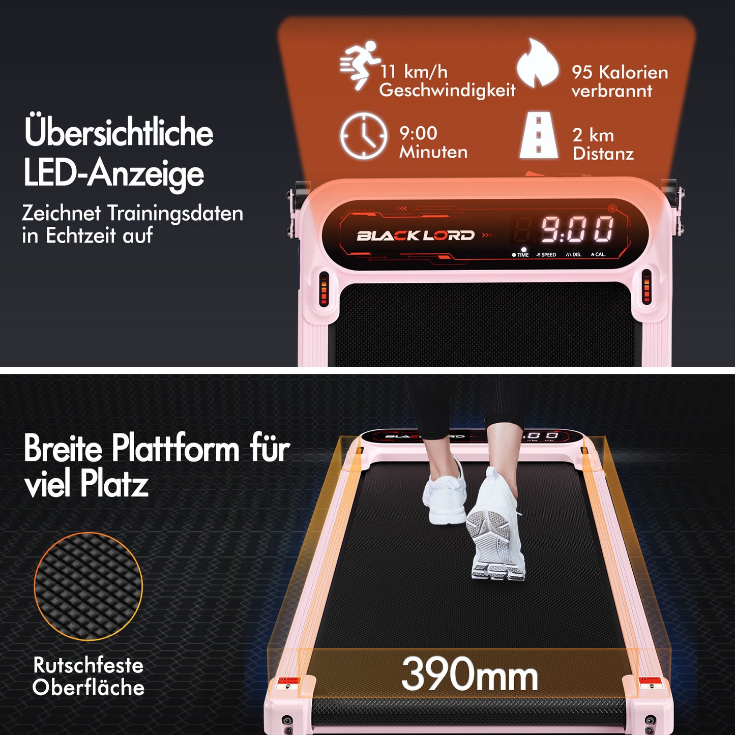BLACK LORD Laufband Elektrisch Laufmatte  Neigung Stoßdämpfer Fitnessstudio, Rosa