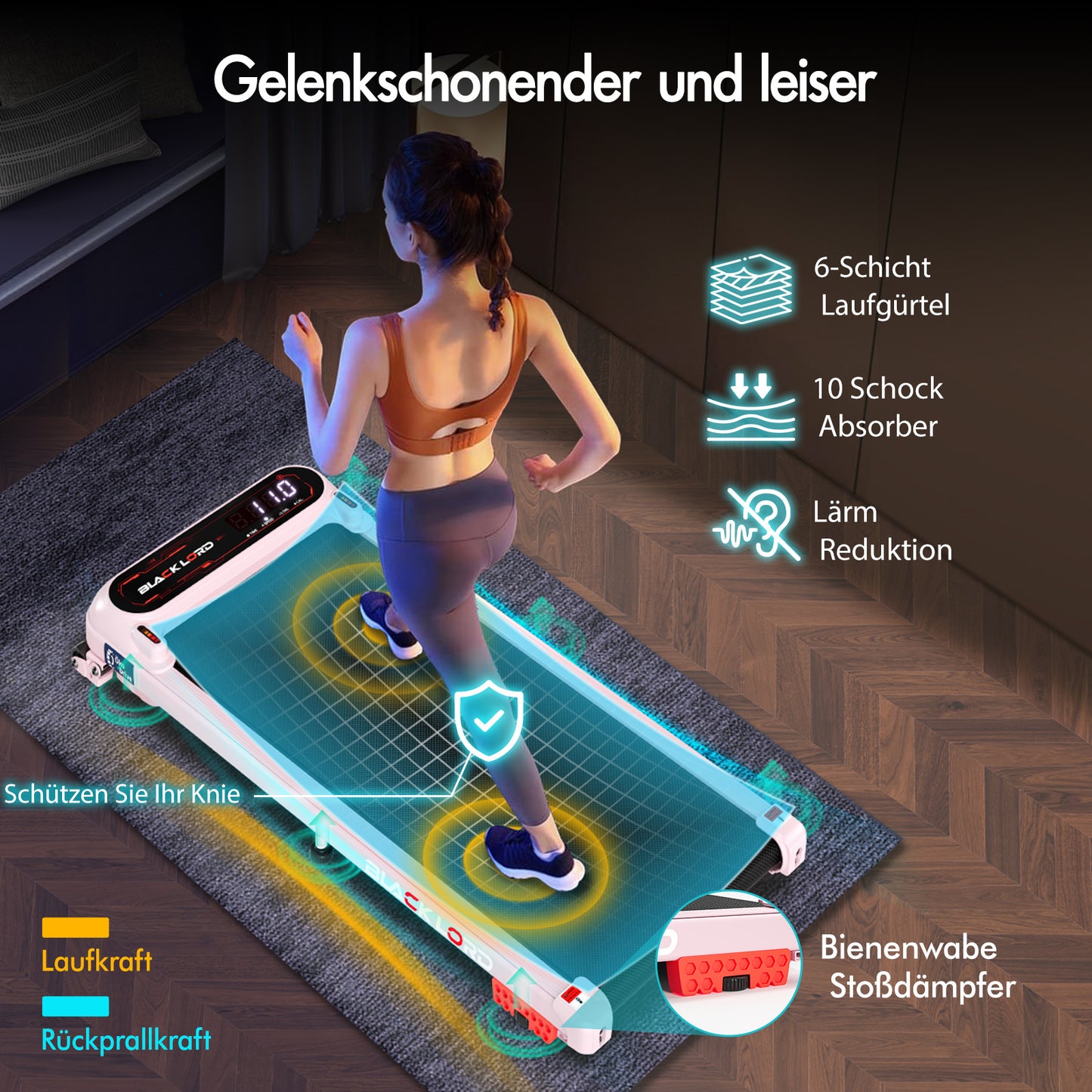 BLACK LORD Laufband Elektrisch Laufmatte  Neigung Stoßdämpfer Fitnessstudio, Rosa