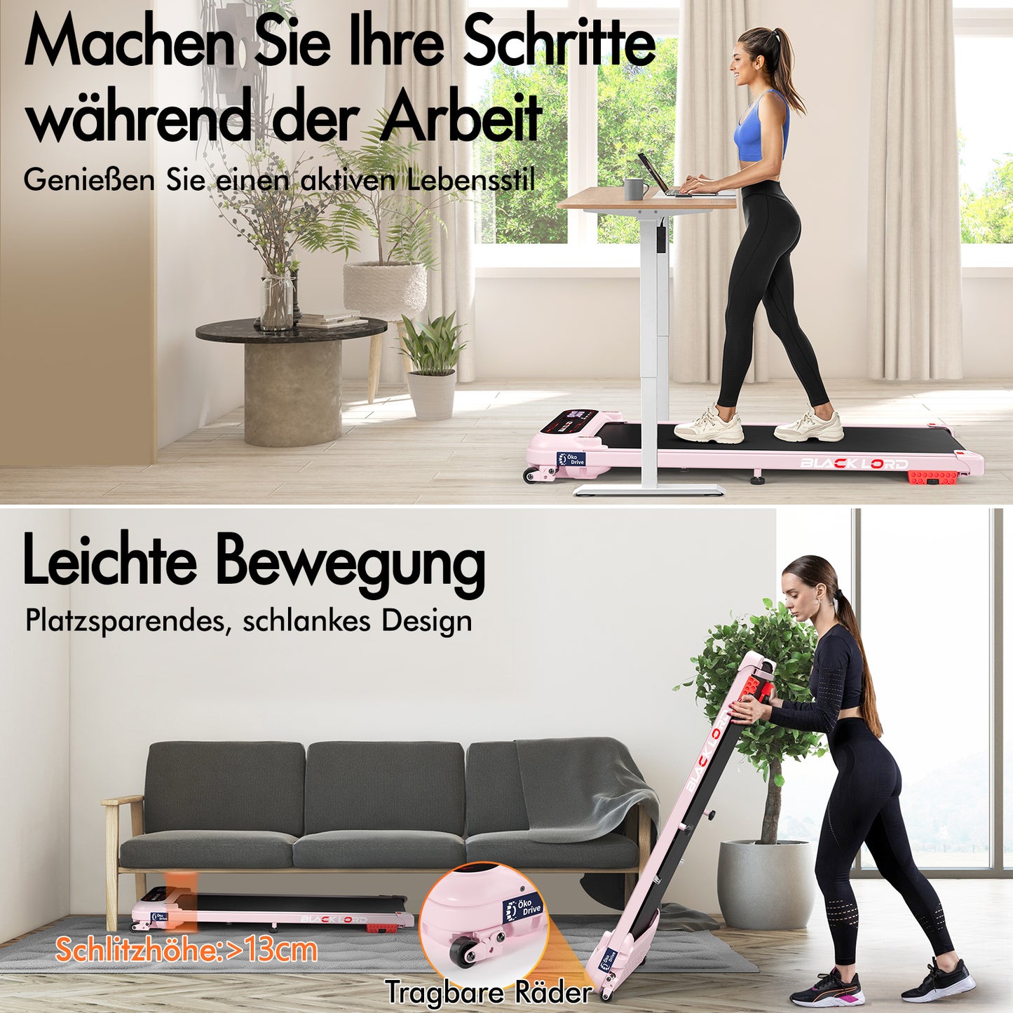 BLACK LORD Laufband Elektrisch Laufmatte  Neigung Stoßdämpfer Fitnessstudio, Rosa