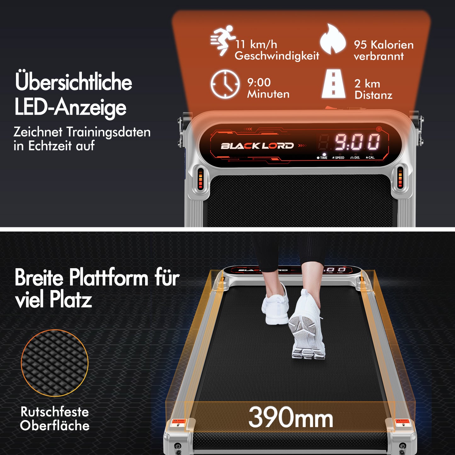 BLACK LORD Laufband Elektrisch Laufmatte  Neigung Stoßdämpfer Fitnessstudio, Silber