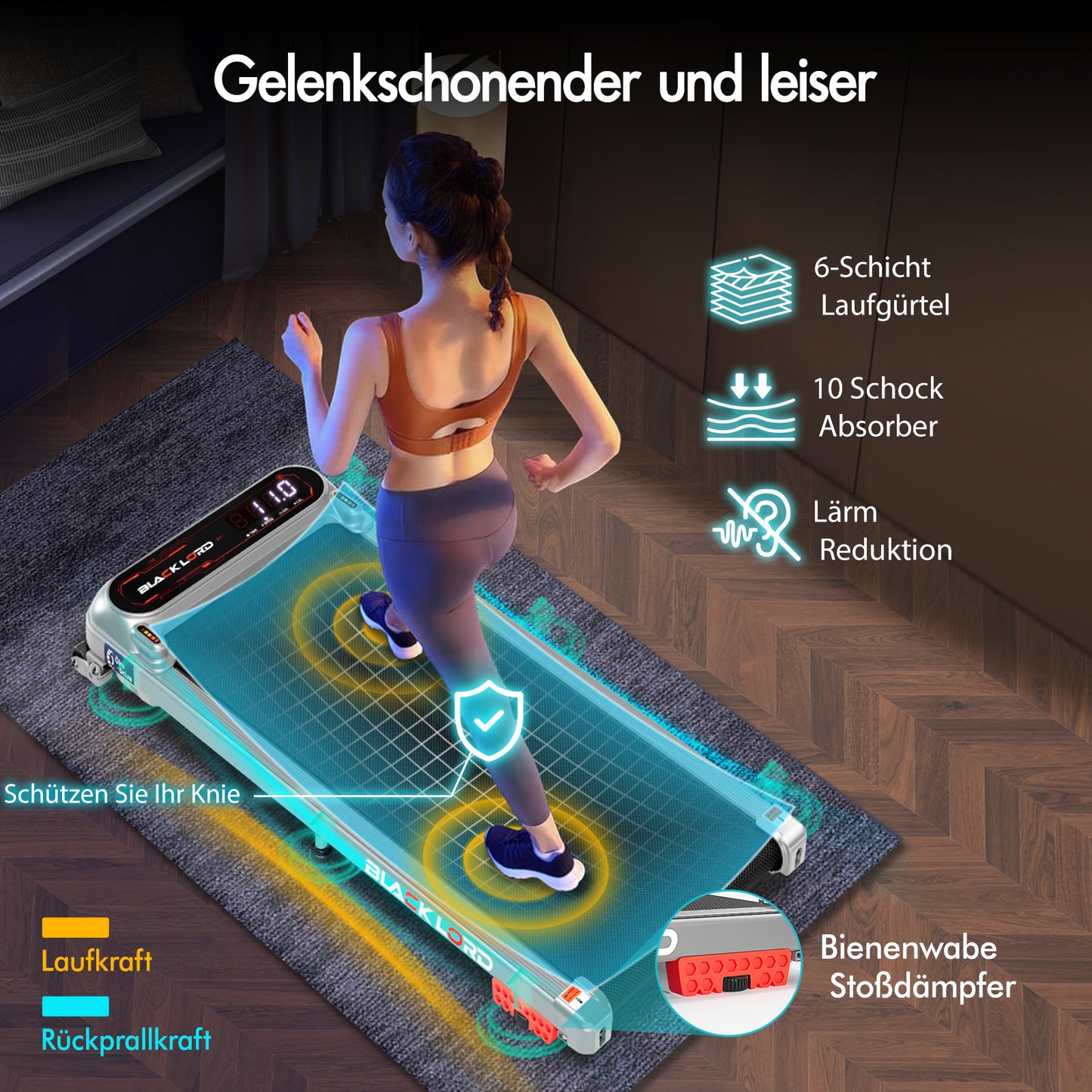 BLACK LORD Laufband Elektrisch Laufmatte  Neigung Stoßdämpfer Fitnessstudio, Silber