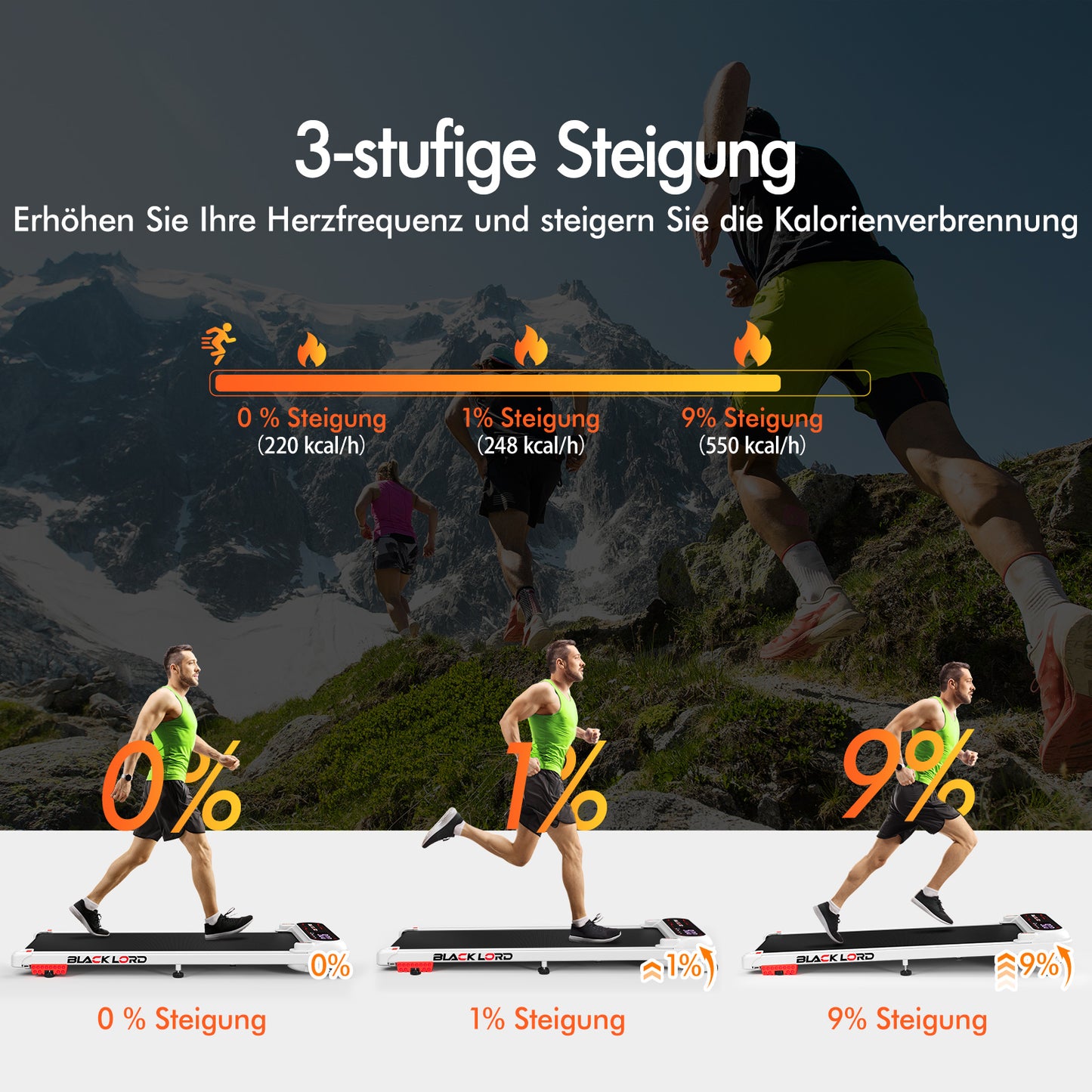 BLACK LORD Laufband Elektrisch Lauffläche Steigung Stoßdämpfer Fitnessstudio