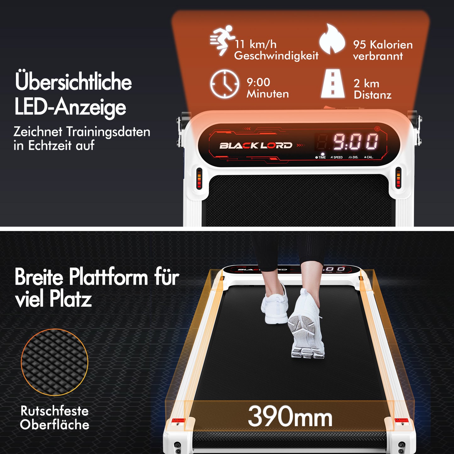 BLACK LORD Laufband Elektrisch Laufmatte  Neigung Stoßdämpfer Fitnessstudio, Weiß