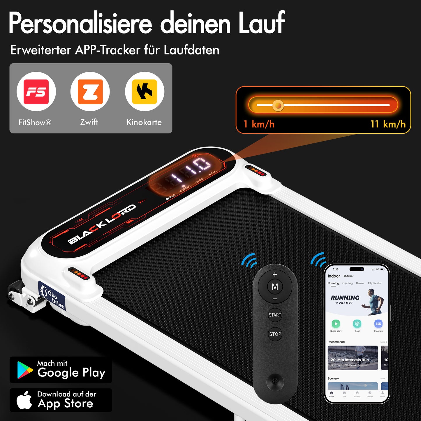 BLACK LORD Laufband Elektrisch Laufmatte  Neigung Stoßdämpfer Fitnessstudio, Weiß