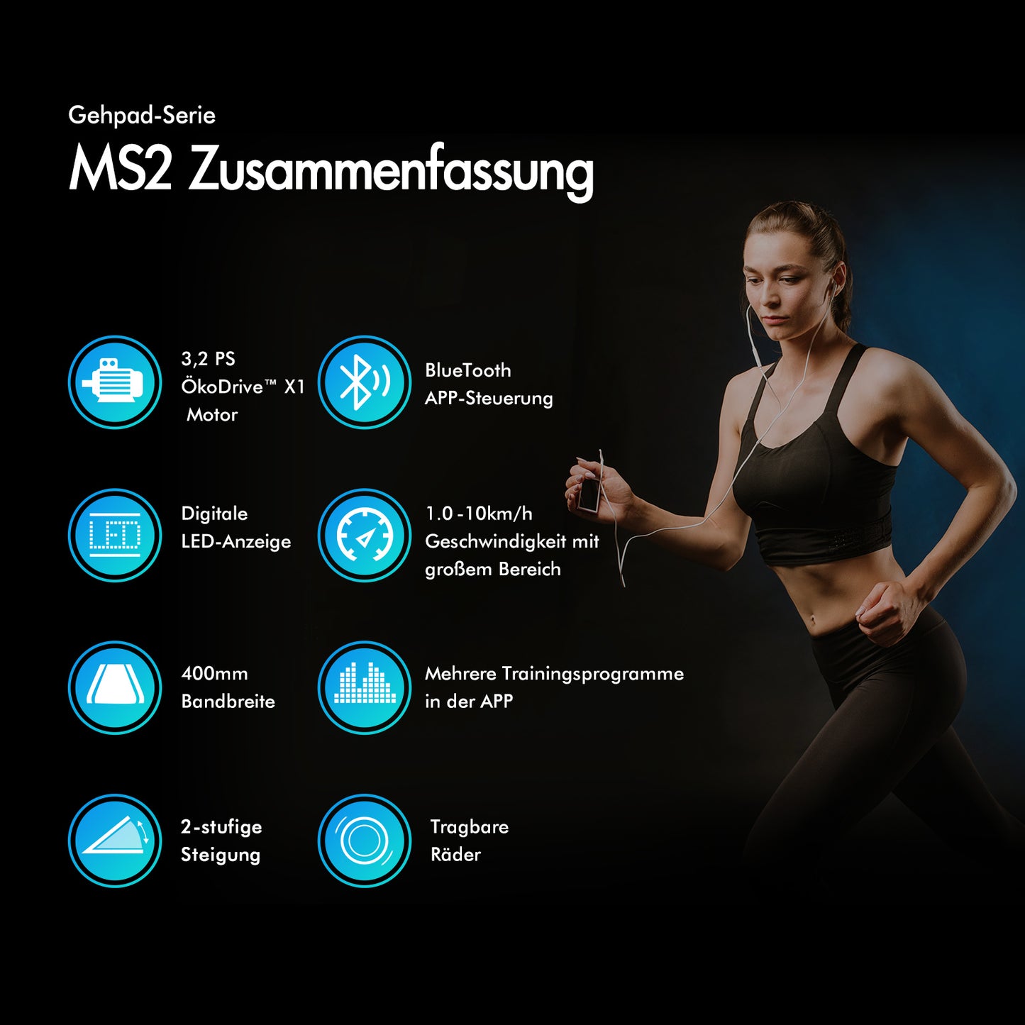 BLACK LORD Laufband Elektrisch Tretmühle  Zuhause Büro Fitnessstudio Steigung, Schwarz