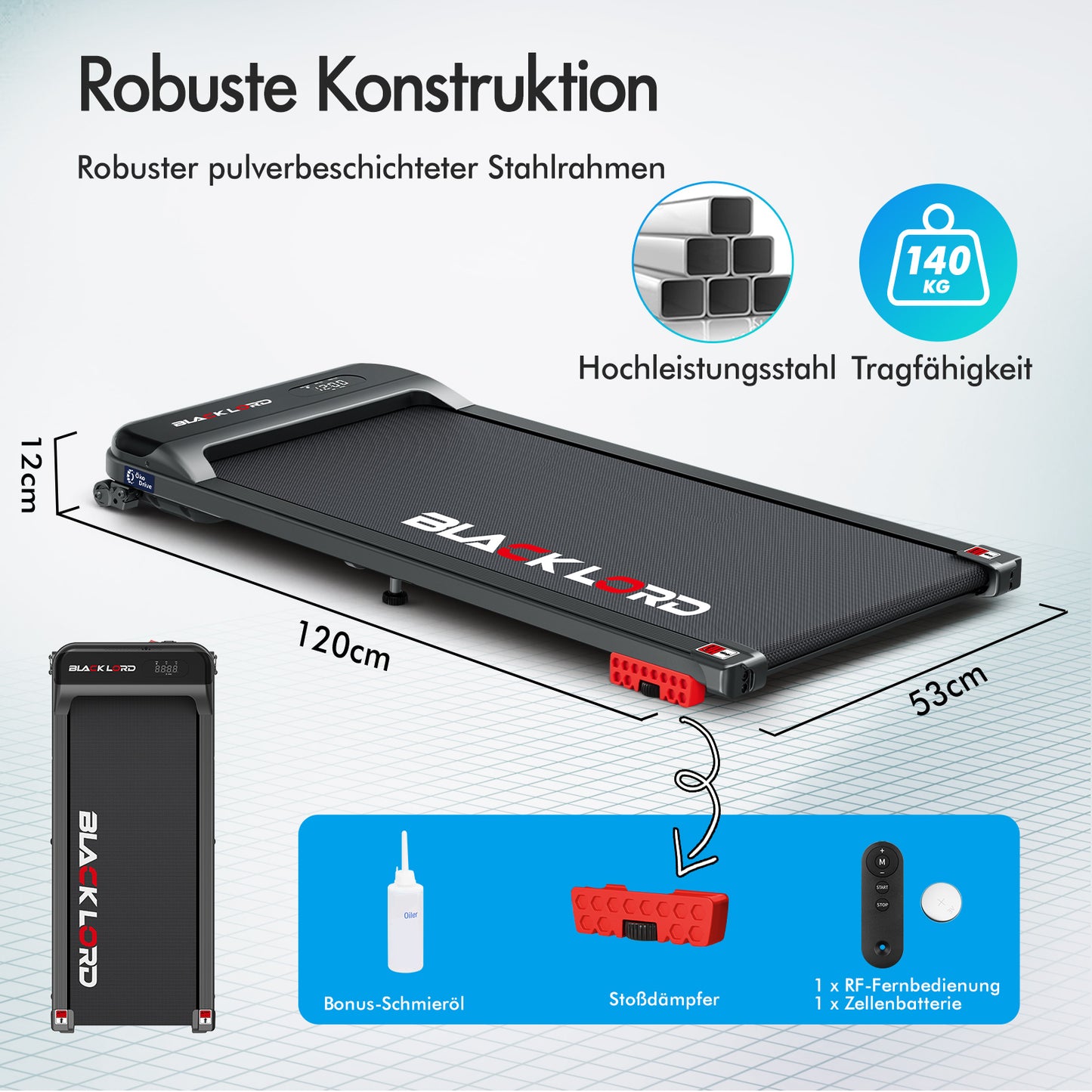 BLACK LORD Laufband Elektrisch Tretmühle Zuhause Büro Fitnessstudio Steigung, Schwarz