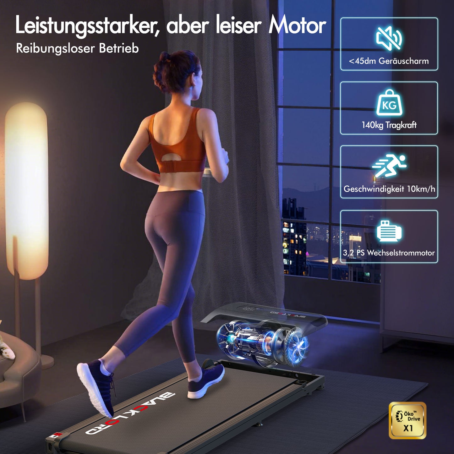 BLACK LORD Laufband Elektrisch Tretmühle  Zuhause Büro Fitnessstudio Steigung, Schwarz